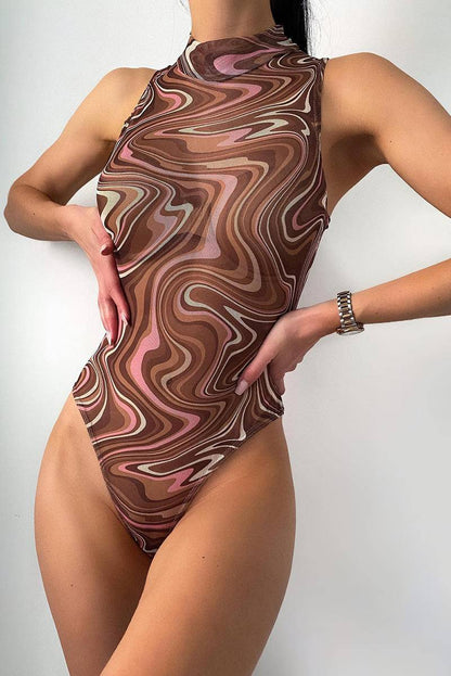 Abstract Swirl High Neck Mesh Sleeveless Bodysuit