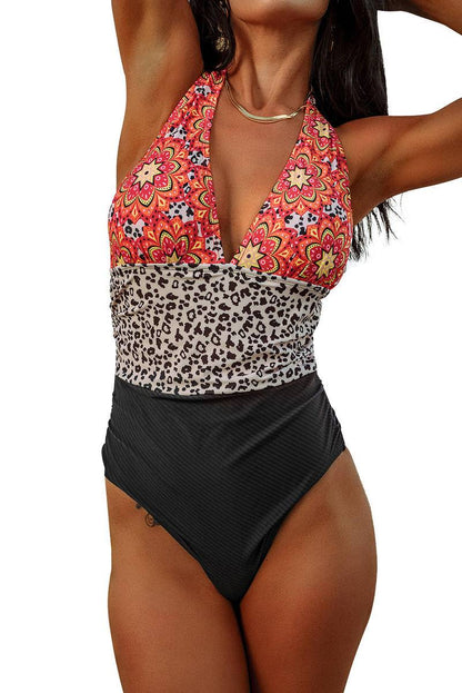 Floral Leopard Deep V Neck One-Piece Swimwear