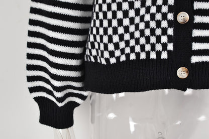 Striped Contrast Checkerboard Button Down Short Cardigan
