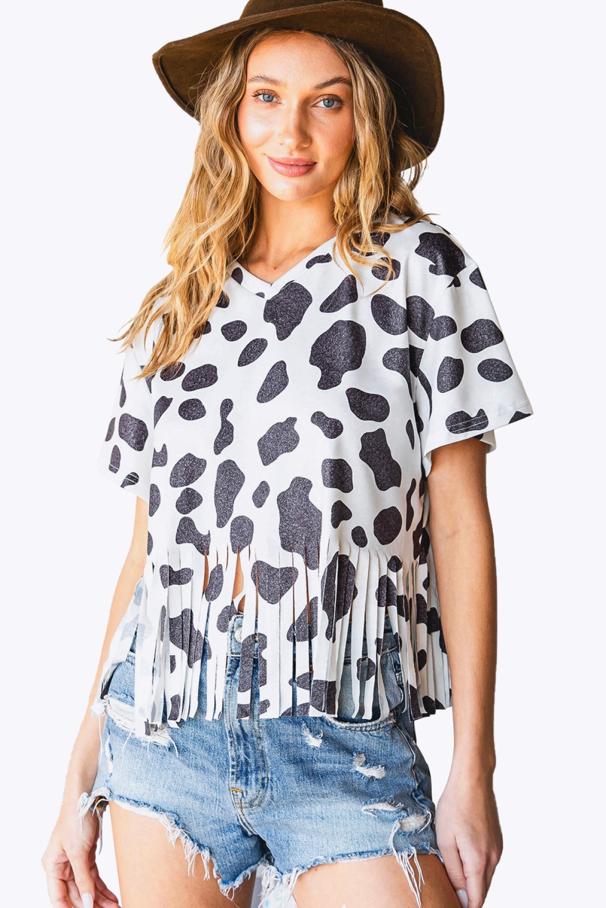 Fringe Cow Print Short Sleeve Top