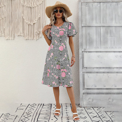 Floral Abstract Print Puff Sleeve Dress