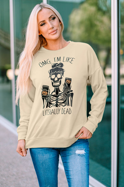 Halloween Skeleton Letter Print Crew Neck Pullover Sweatshirt