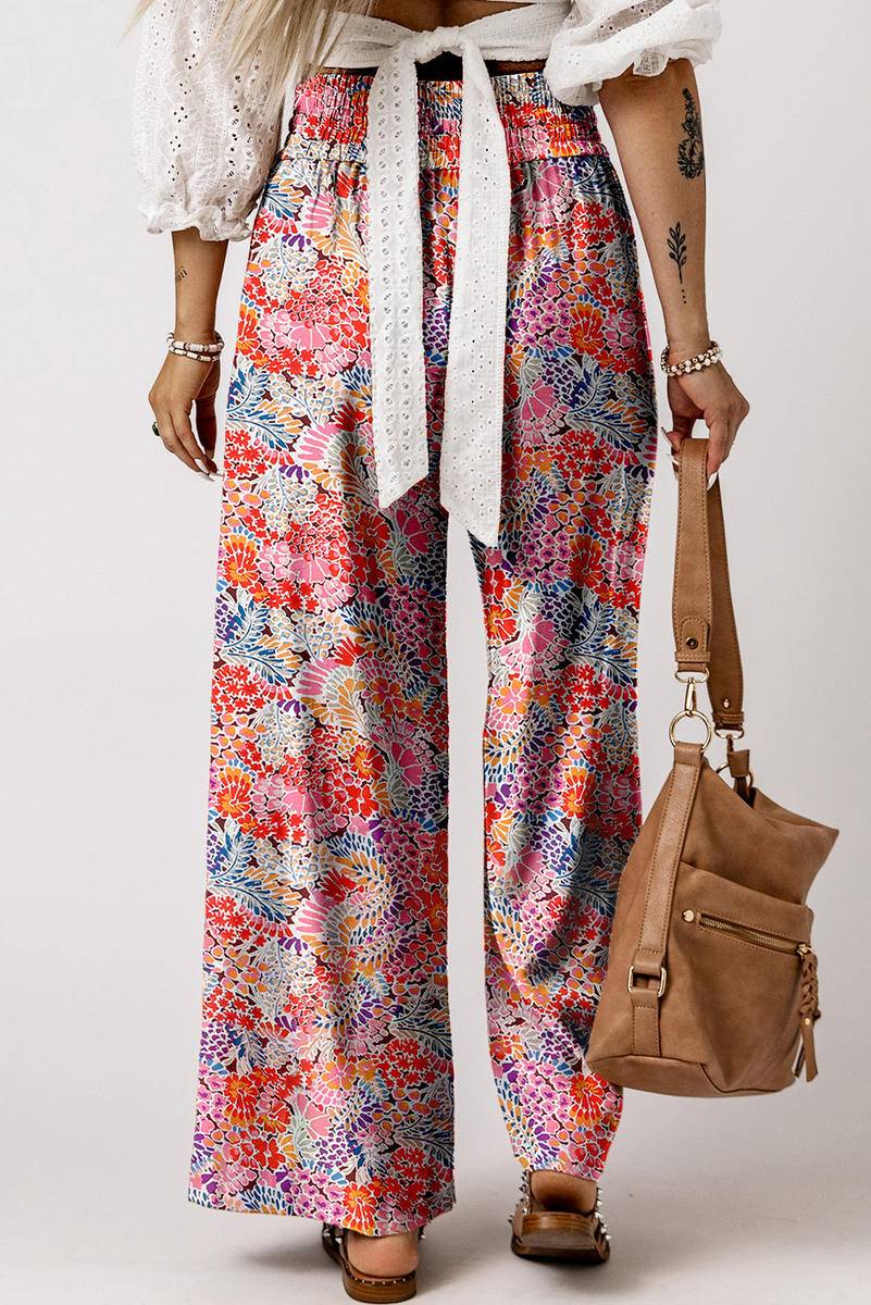 Abstract Floral Smocked High Waist Pants