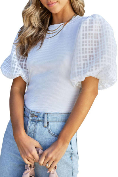Checkered Puff Sleeve Ribbed Knit Top