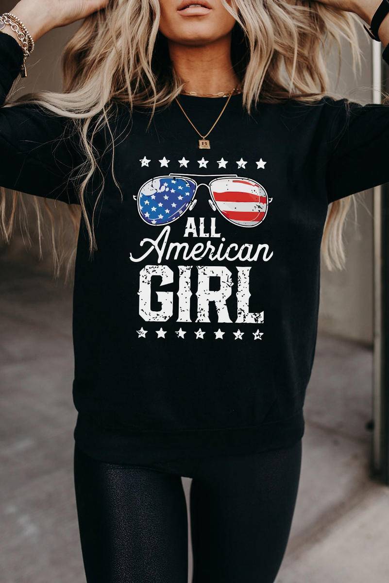 All American Girl Flag Graphic Print Long Sleeve Sweatshirt