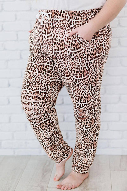 Leopard Ripped Drawstring Mid Waist Plus Size Pants