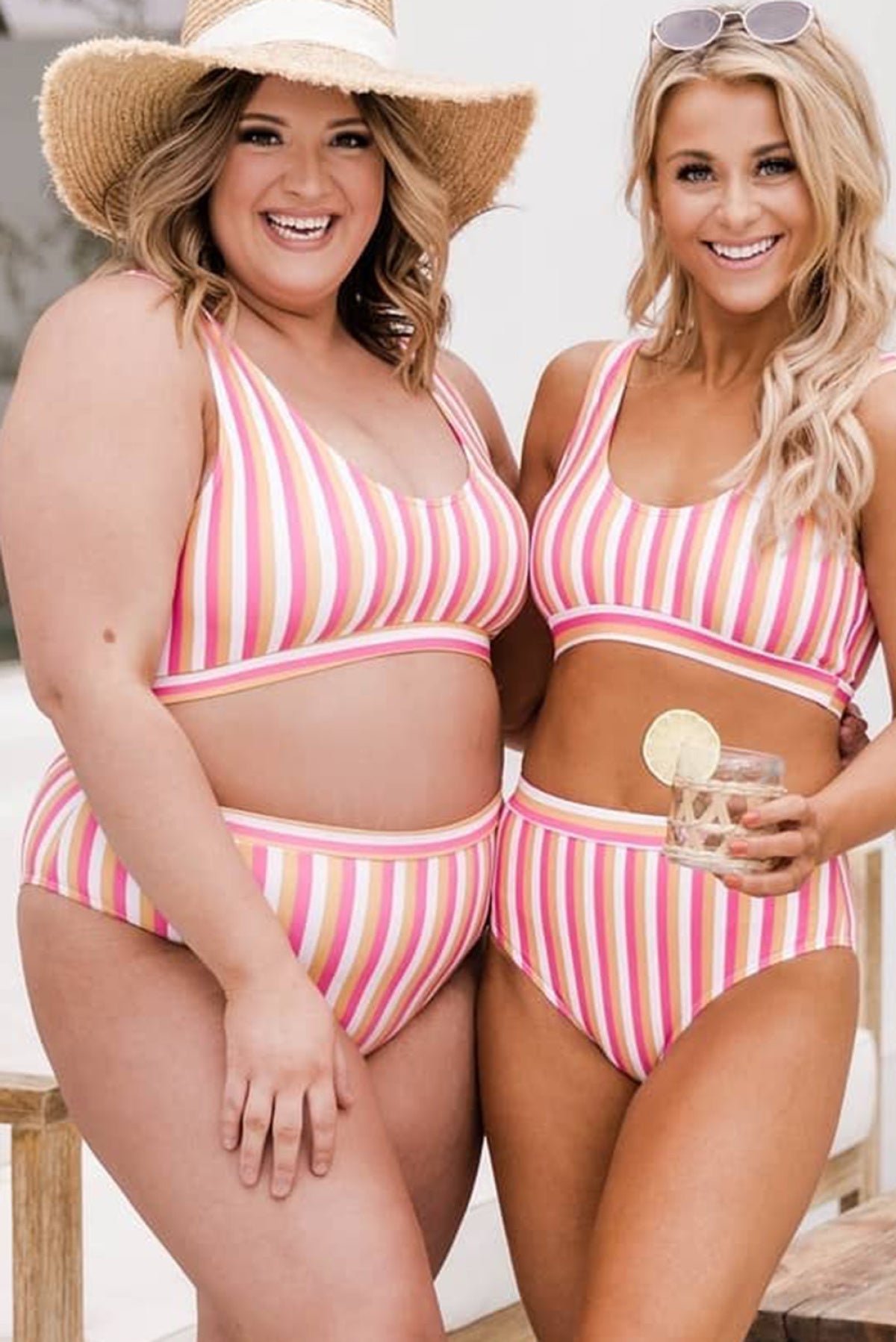 Striped Print U Neck Mid Waist Bikini Swimsuit