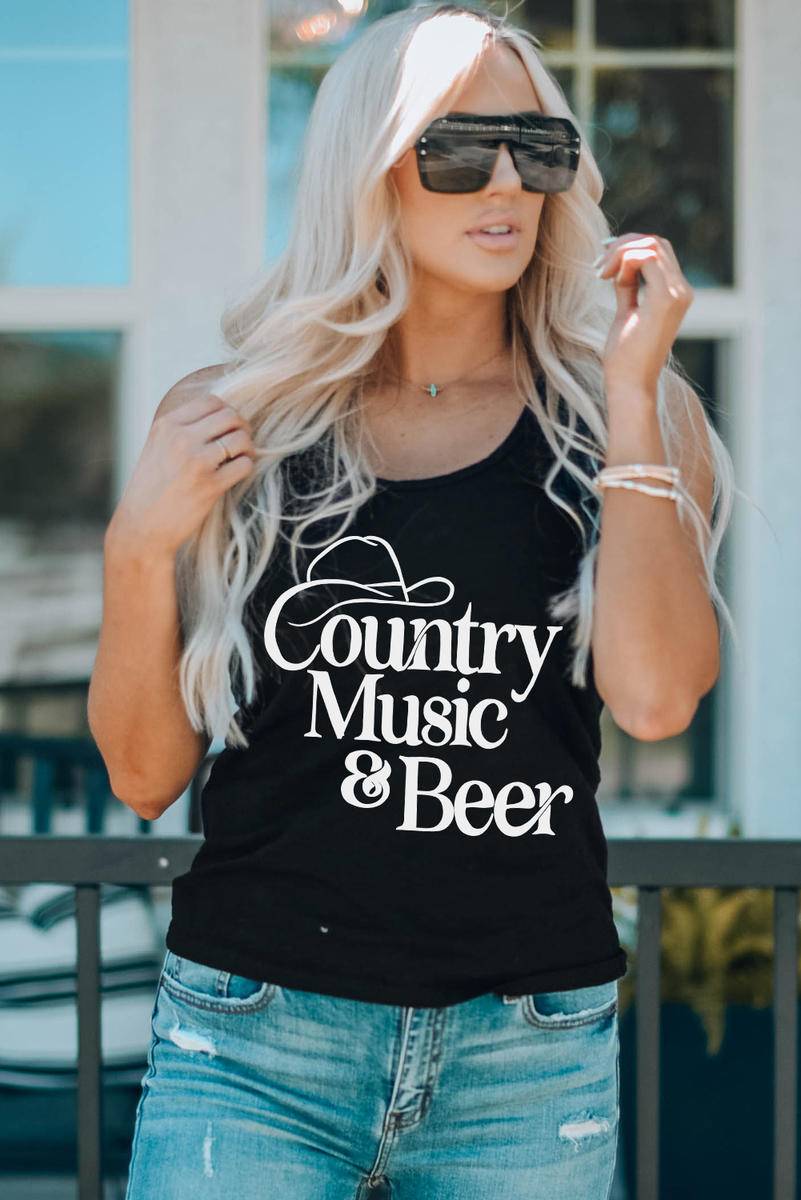 U-Neck Country Music & Beer Print Tank Top