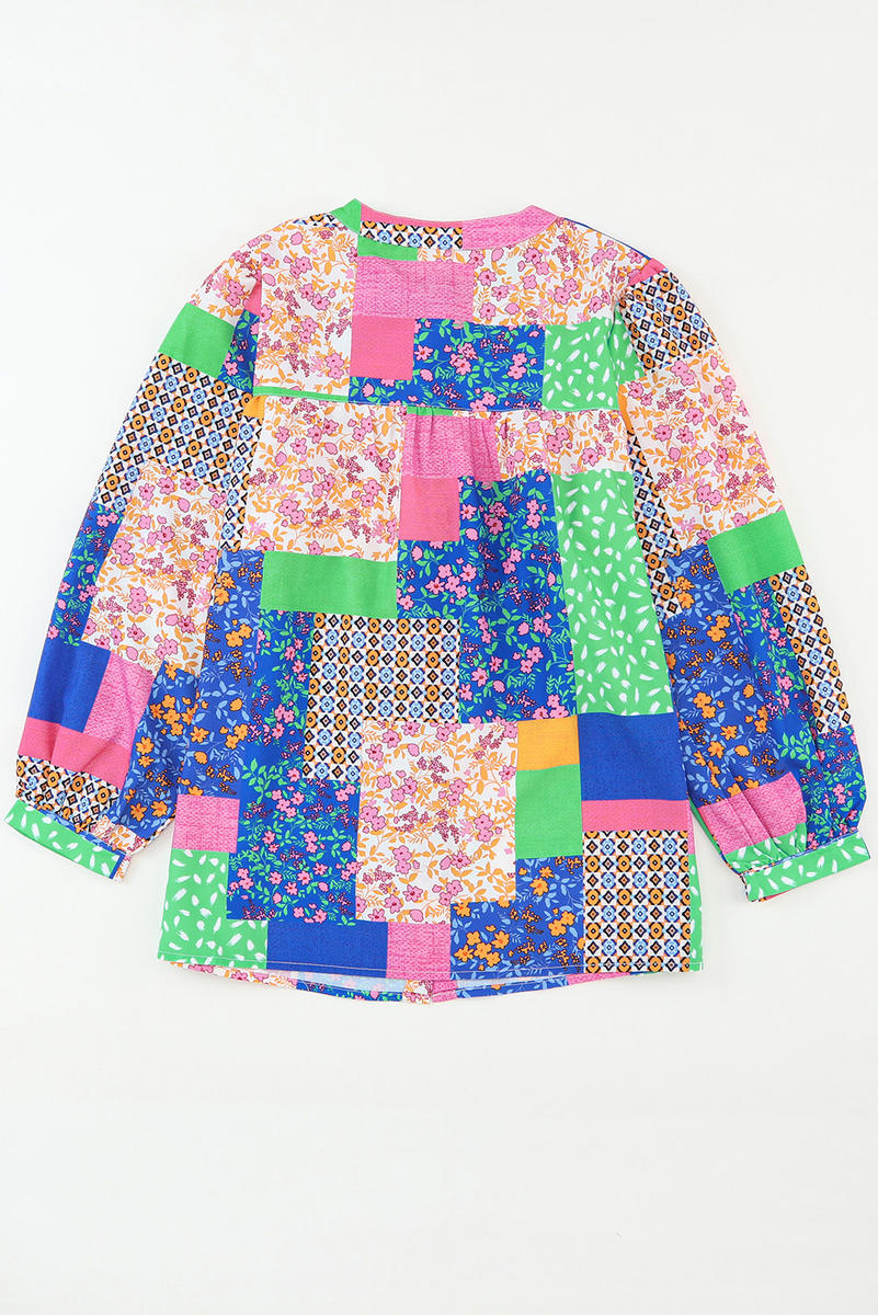 Floral Patchwork Print Buttoned Puff Sleeve Shirt