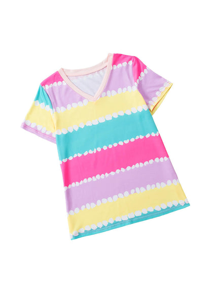 Striped Color Block V Neck T Shirt